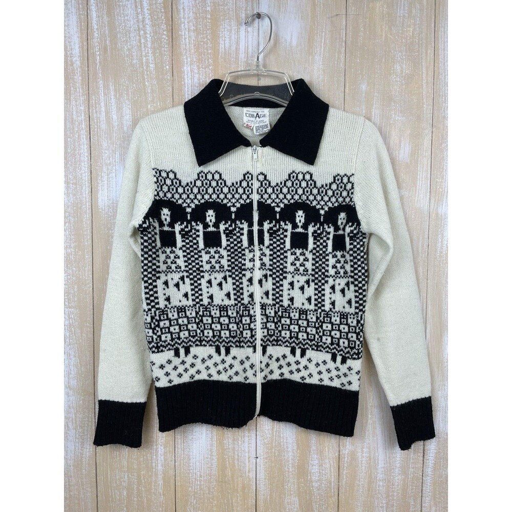 Vintage Women's Black White Acrylic Sweater Fair Isle Nordic Size L Full-Zip